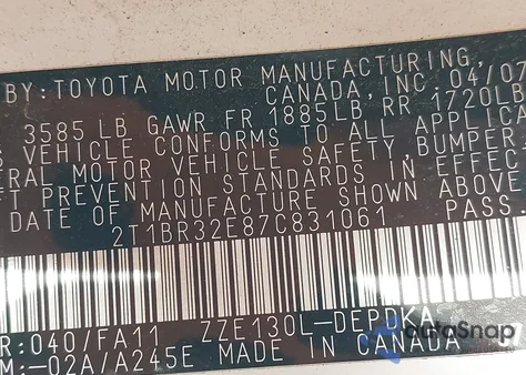 2007 Toyota Corolla Ce из США, поврежденный, VIN 2T1BR32E87C831061